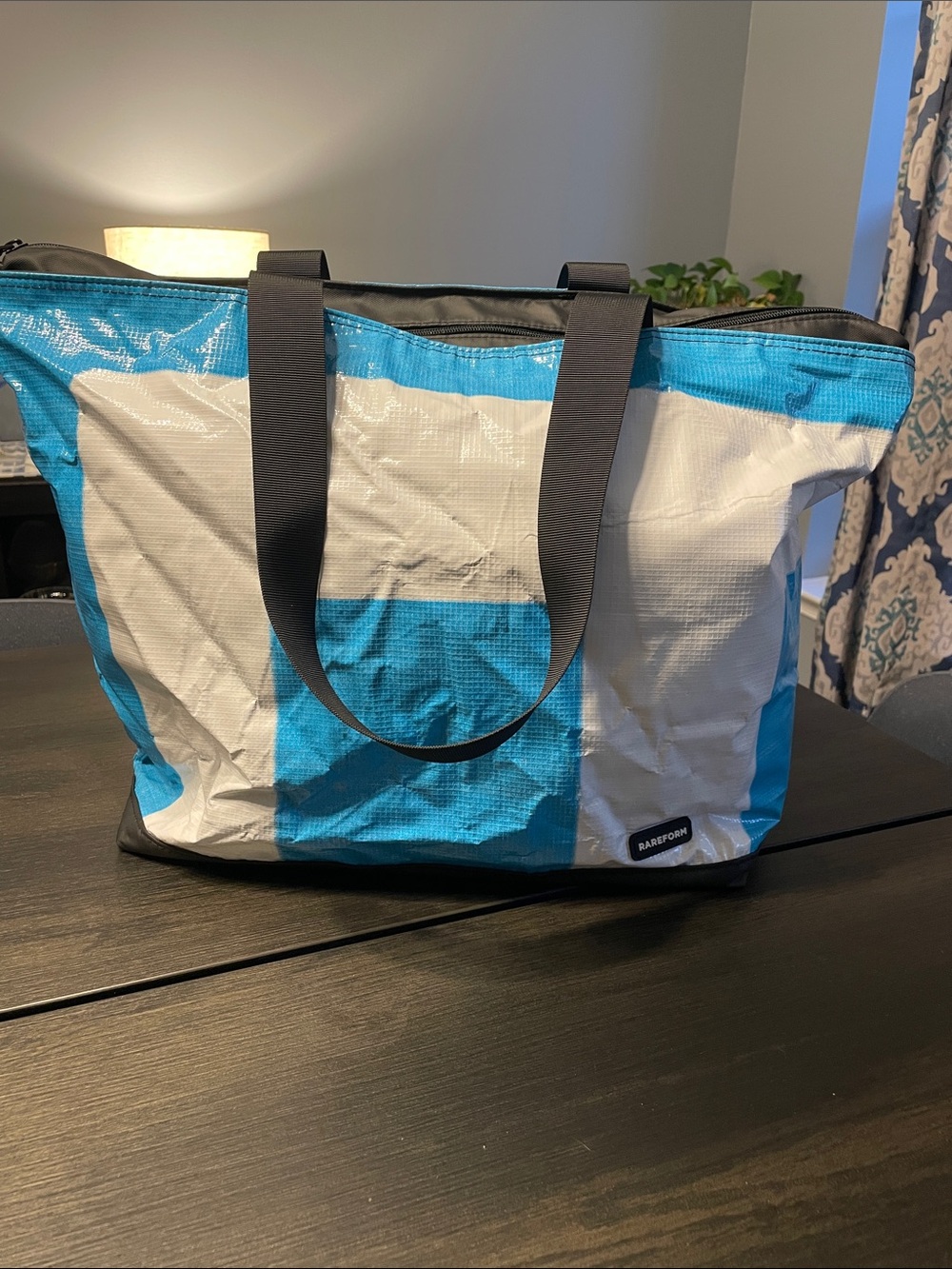 Blue and White Striped Tote Bag with Black Handles